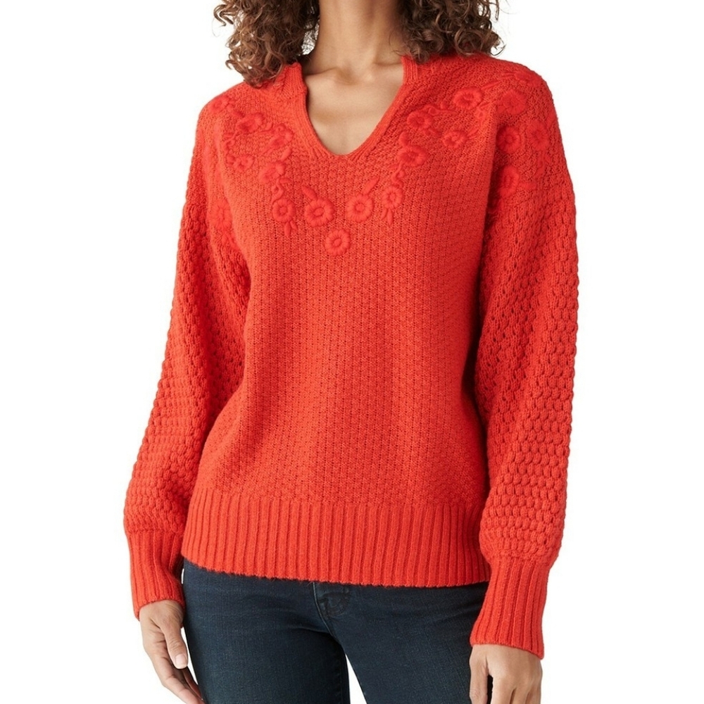 NEW Lucky Brand Floral Embroidered Notch-Neck Sweater, Size XL